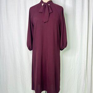 CONNECTED APPAREL Burgundy Shift Dress Long Sleeve Elastic Cuff Tie Neck Size 12